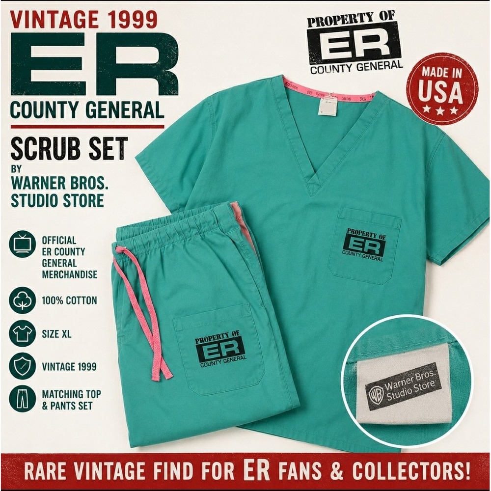 Vintage 1999 ER TV Show Scrub Set Size XL Unisex Warner Bros. 100% Cotton USA